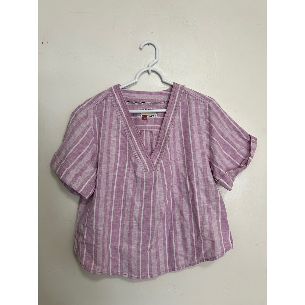 Pilcro Lavender Striped Linen Cotton‎ V-Neck Short Sleeve Top Small OB1075585